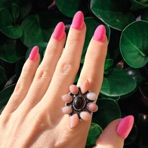 Pink Opal & Onyx Cluster Adjustable Ring | 925 Sterling Silver | Closed Back